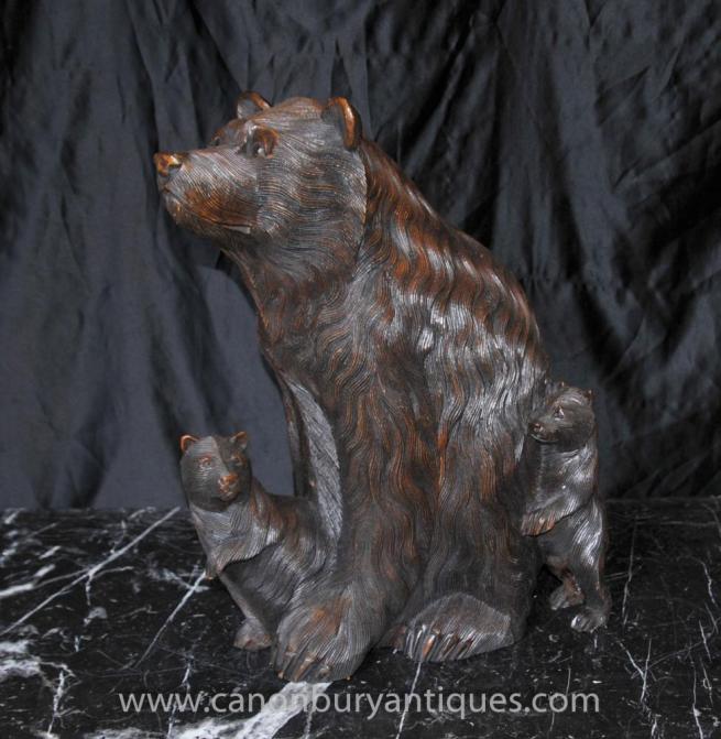 German Hand Carved Black Forest Bear and Cub Statue Brown Bears