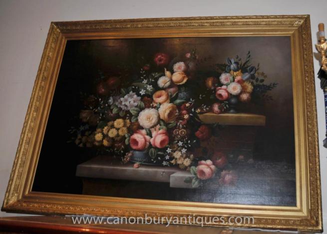 Large Victorian Floral Still Life Oil Painting Gilt Frame