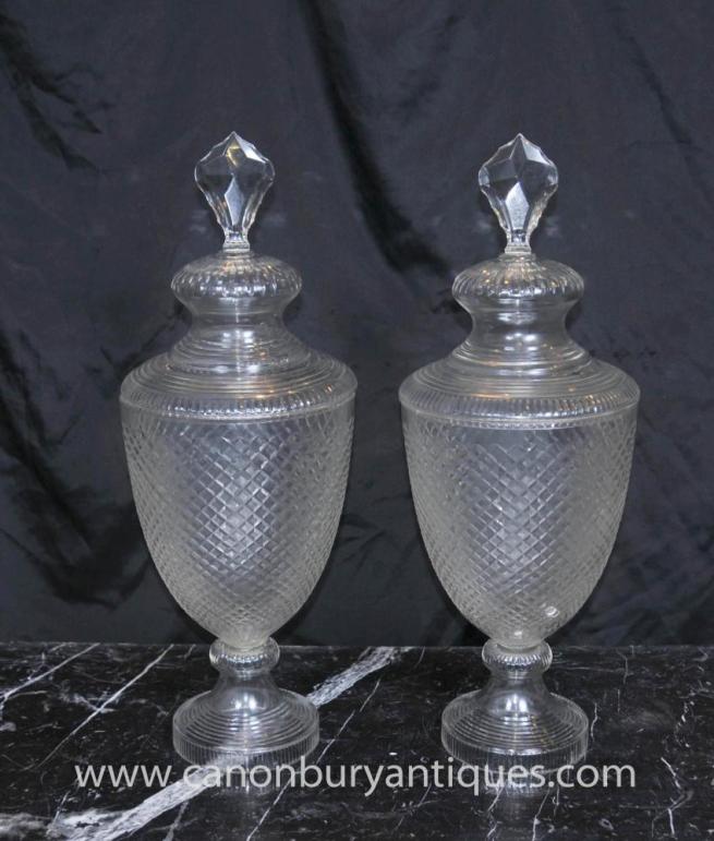 Pair Antique Cut Glass Victorian Urns Lidded Vase