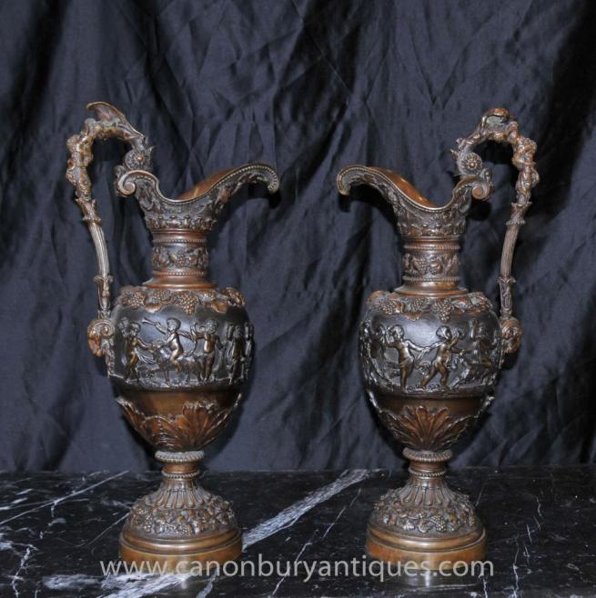 Pair Antique French Bronze Amphora Urn Jugs Cherub Urns 1890
