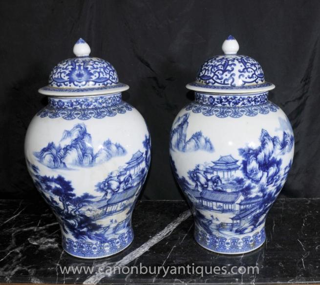Pair Blue and White Ming Porcelain Ginger Urns Vases Jars