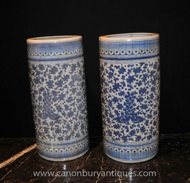 Pair Chinese Blue White Porcelain Umbrella Stands Tall Urns Vases Ming