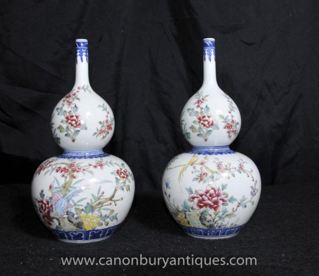 Pair Chinese Famille Rose Bulbous Urns Kangxi Porcelain Vases