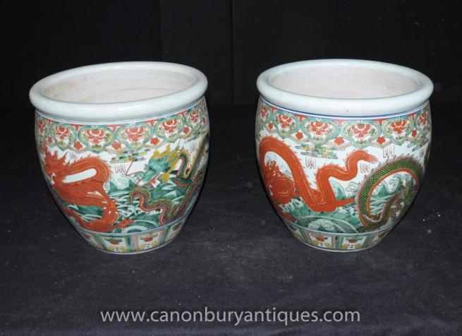Pair Chinese Ming Porcelain Dragon Planters Pots Urns
