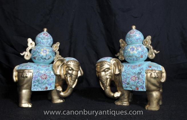 Pair Chinese Porcelain Elephant Statues Floral Famille Rose Ceramic