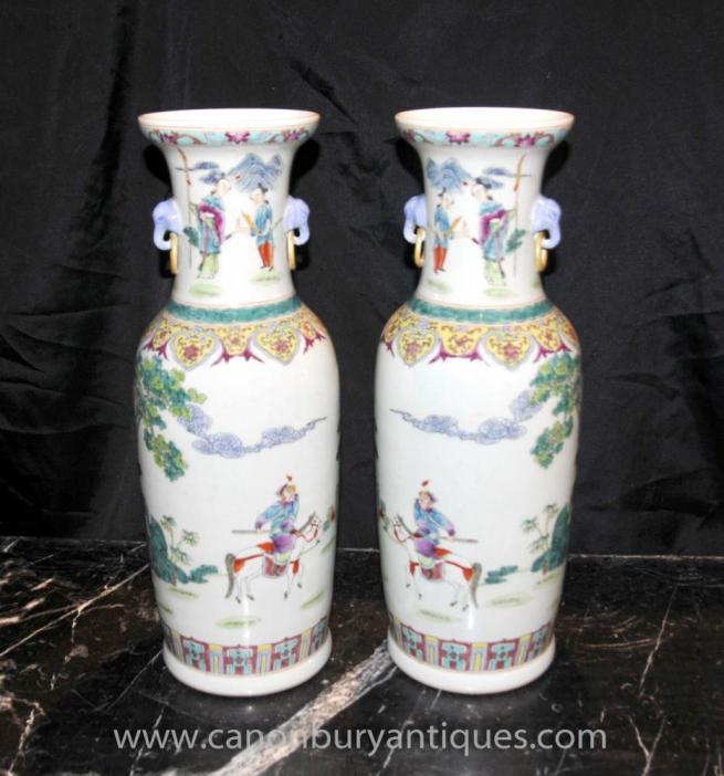 Pair Chinese Qian Long Porcelain Tall Vases Urns Pottery Ceramic