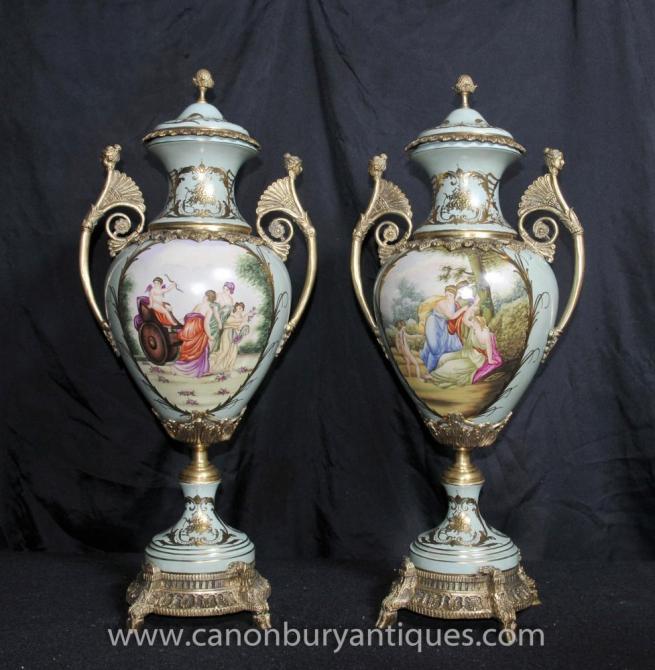 Pair Dresden Porcelain Amphora Urns Vases Angel Panels