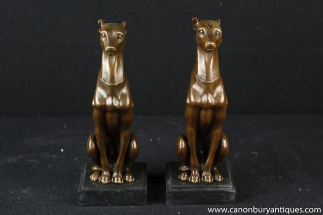 Pair French Art Deco Bronze Greyhounds Greyhound Dog Statue