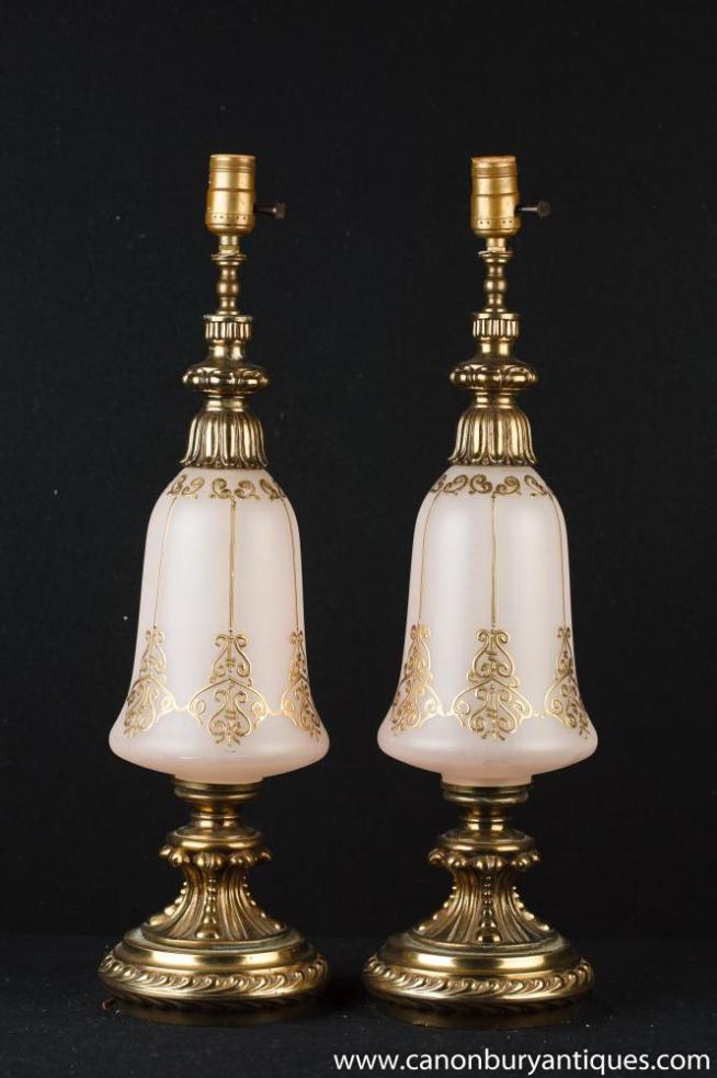 Pair French Art Nouveau Opaline Glass Table Lamps Lights