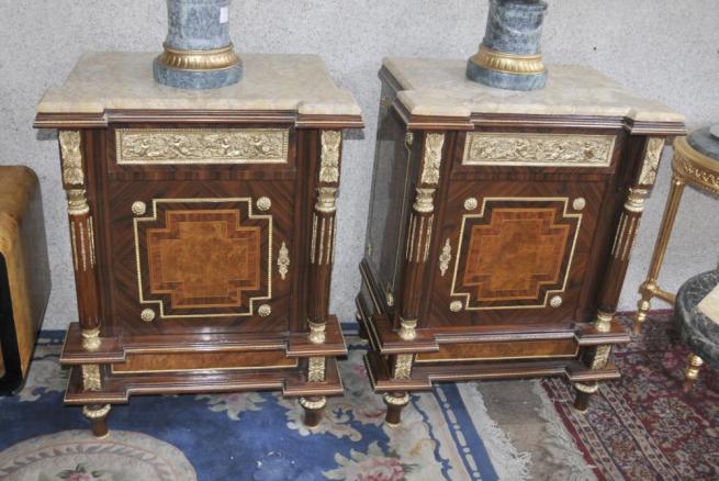 Pair French Empire Chests Commodes Marquetry Inlay Interiors