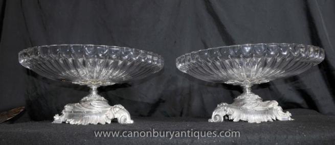 Pair French Empire Rococo Silver Plate Glass Dishes Plates Tureens ComportsPair French Empire Rococo Silver Plate Glass Dishes Plates Tureens Comports