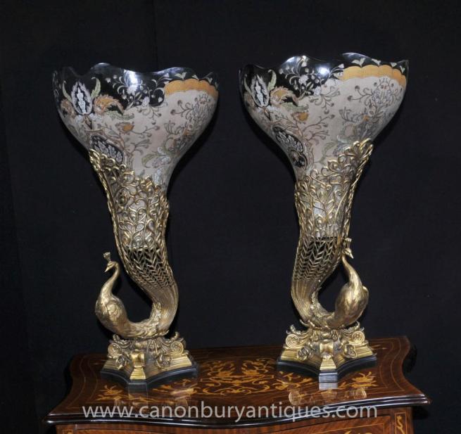 Pair French Peacock Porcelain Vases Urns Ormolu Bird
