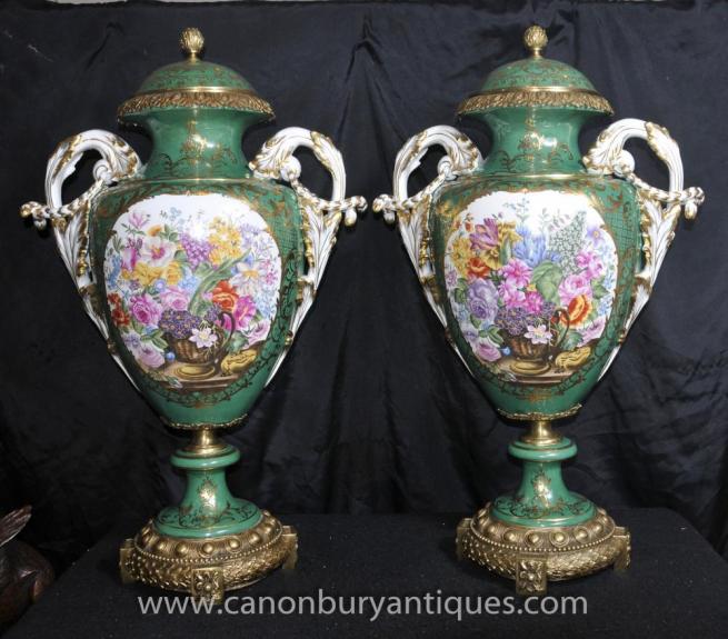 Pair French Sevres Floral Vases Urns Ormolu Fixtures Amphora Form
