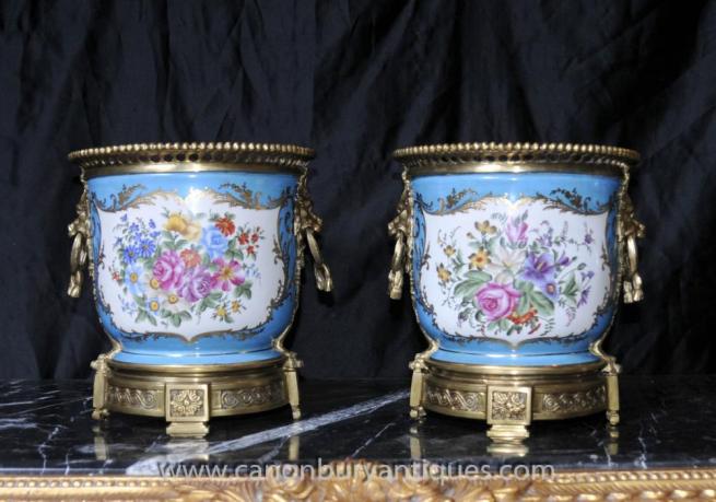 Pair French Sevres Porcelain Floral Planters Cache Pots