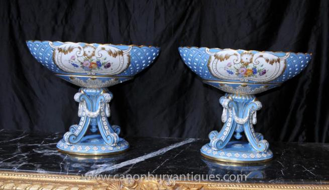 Pair French Sevres Porcelain Urns Tureens Bowls on Stands