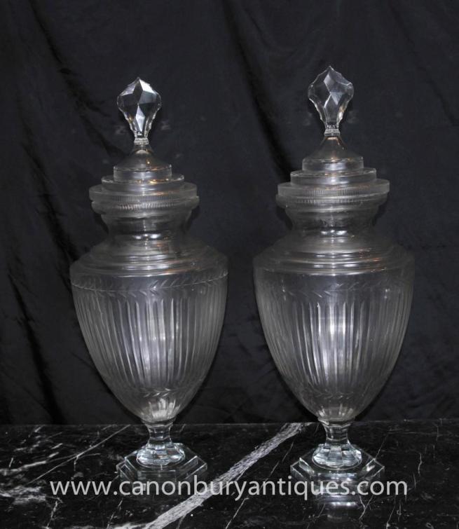 Pair Glass Victorian Amphora Urns Whisky Jar Vase