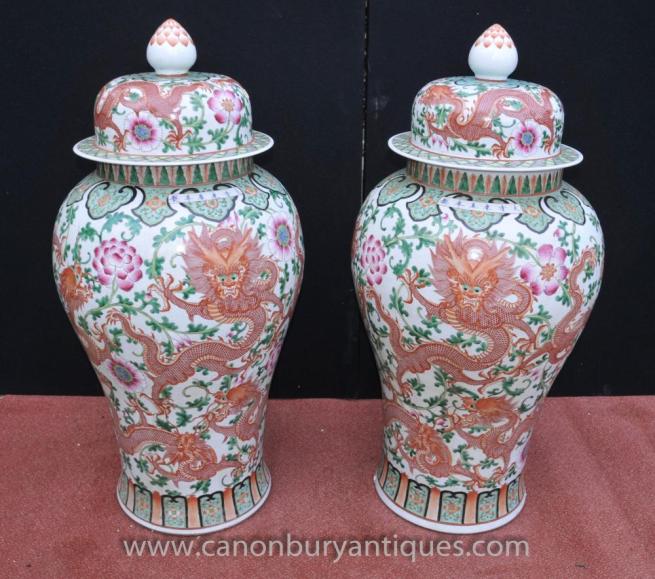 Pair Large Chinese Ming Porcelain Lidded Vases Urns Ginger Jars