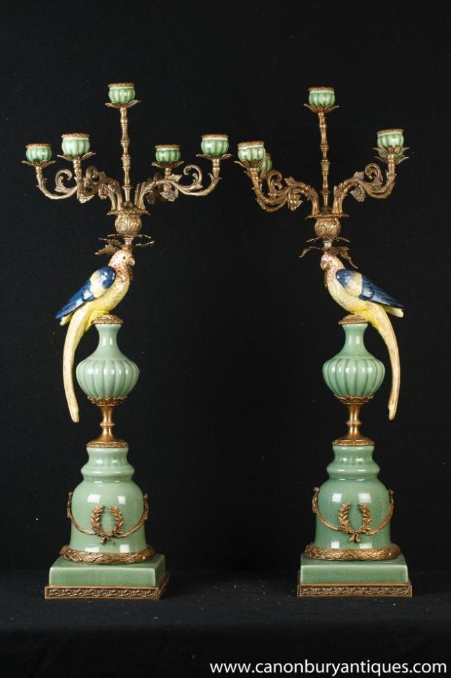 Pair Large French Porcelain Parrot Candelabras Candles
