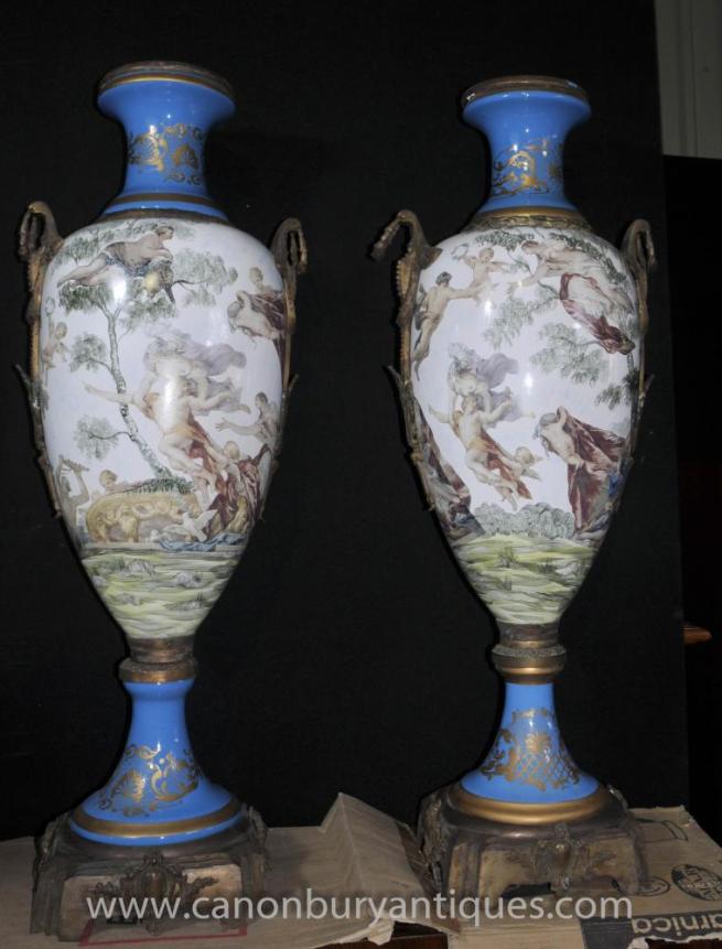 Pair Large French Sevres Porcelain Amphora Vases Urns