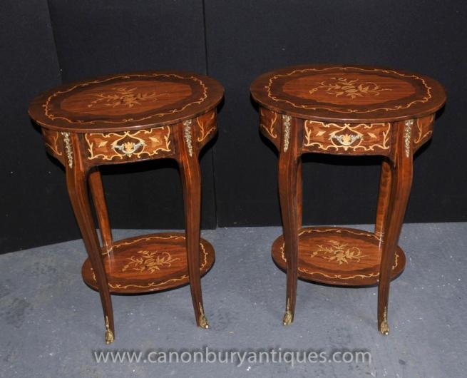 Pair Louis XV Side Tables French End Table Marquetry Inlay