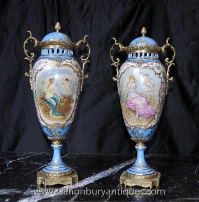 Pair Sevres Porcelain Cherub Angel Amphora Urns Vases