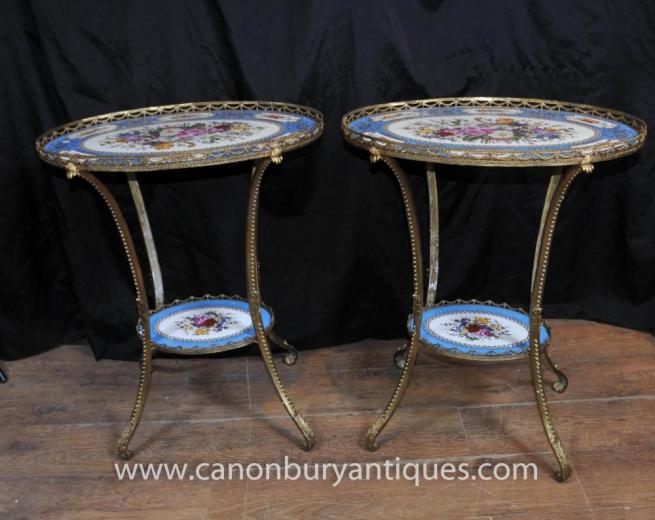 Pair Sevres Porcelain Floral Occassional Tables Side Table