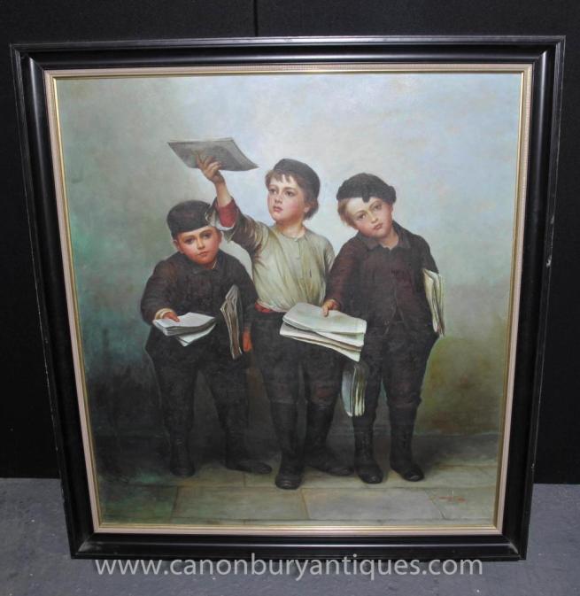 Victorian Oil Painting Three Boy Scholars Portrait
