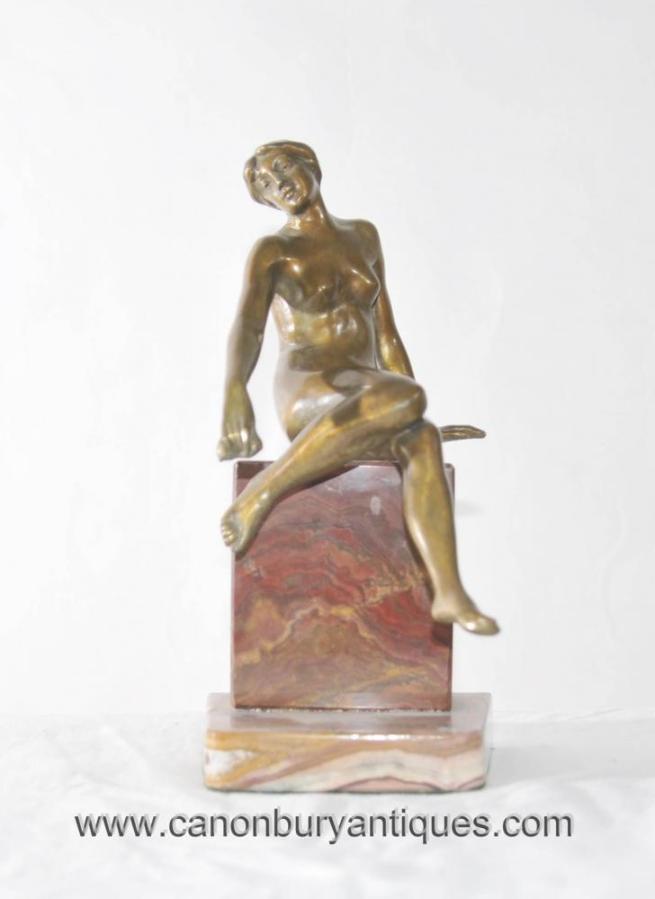Art Deco Nude Female Figurine Marble Base Naked Statue Onyx