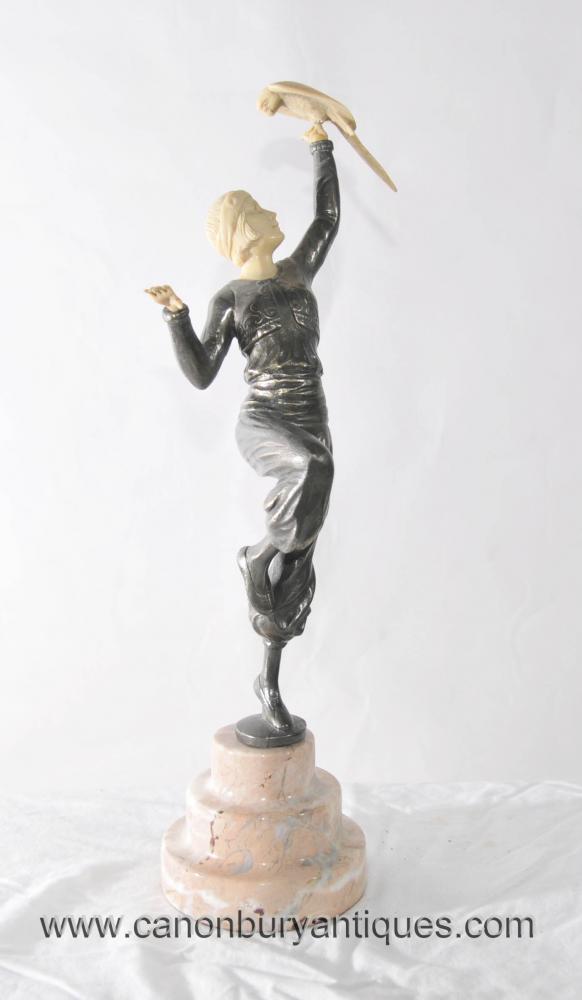 Art Deco Pewter White Metal Female Figurine Dancer Parrot Girl