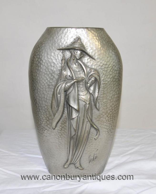 Art Nouveau Silver Bronze Female Figurine Urn by Erte