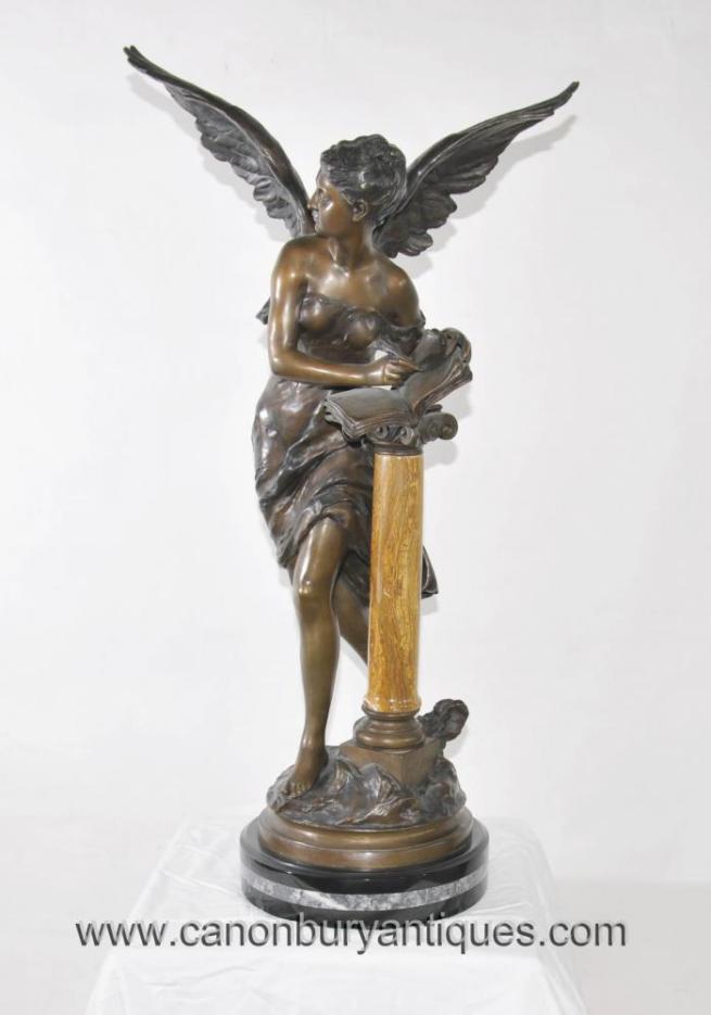 Bronze Winged Maiden Scholar Statue Signed Moreau Livre dOr