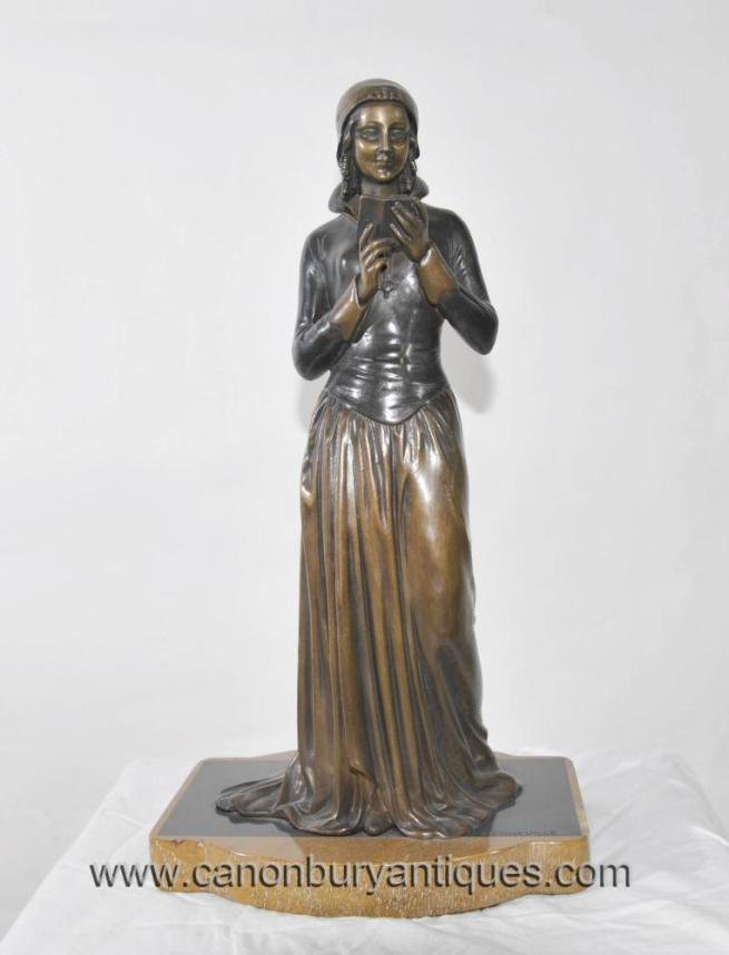 French Art Deco Bronze Reading Girl Statue Signed Menneville