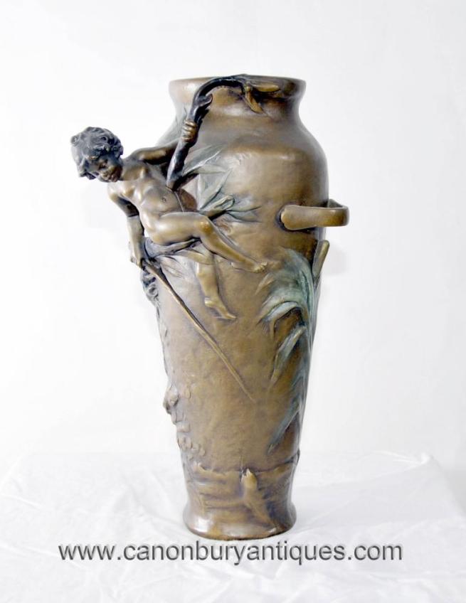 French Art Nouveau Cherub Vase Signed Moreau Urn