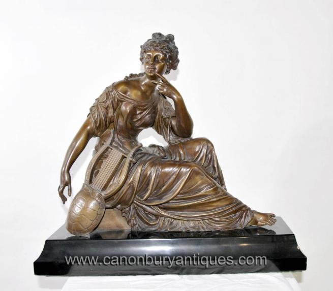 French Bronze Female Mandolin Figurine Statue Harp Moreau