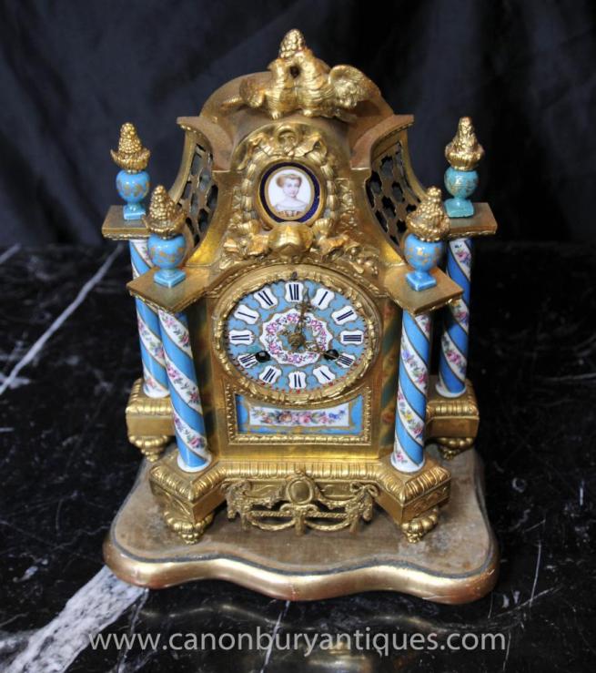 French Ormolu Antique Mantle Clock Sevres Porcelain Clocks