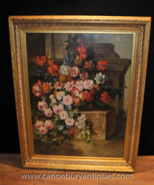 Large English Victorian Floral Still Life Oil Painting Art