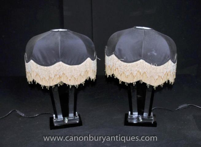 Pair Art Deco Glass Table Lamps Lights Shades