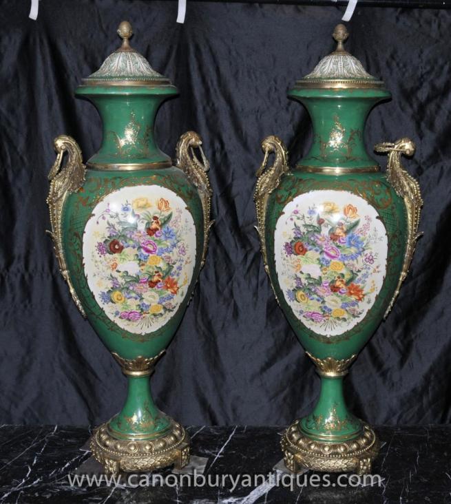 Pair Big Sevres Floral Porcelain Amphora Vases Urns