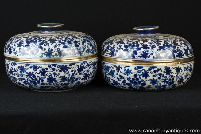 Pair Chinese Celadon Porcelain Lidded Pots Urns Blue and White