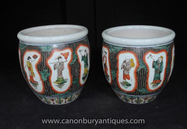 Pair Chinese Famille Noire Planters Pots Ceramic Urns Painted Figurine