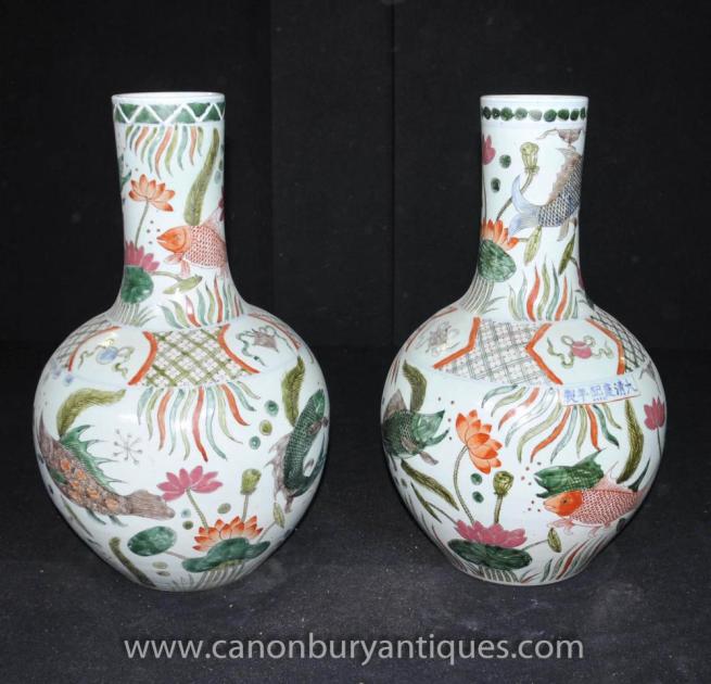 Pair Chinese Ming Porcelain Baluster Urns Vases Hand Painted Goldfish