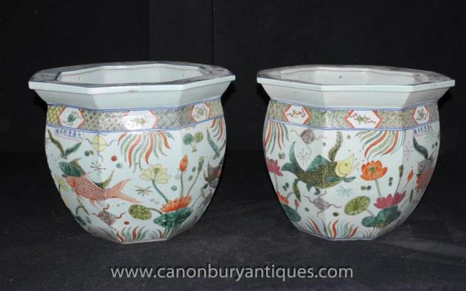 Pair Chinese Ming Porcelain Pots Planters Octagonal Urns Hand Painted