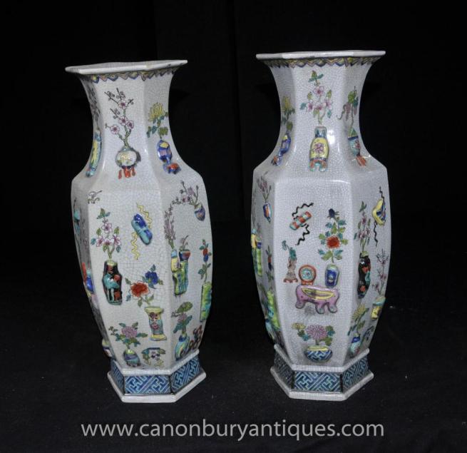 Pair Chinese Qianlong Ceramic Urns Vases Porcelain Pottery China
