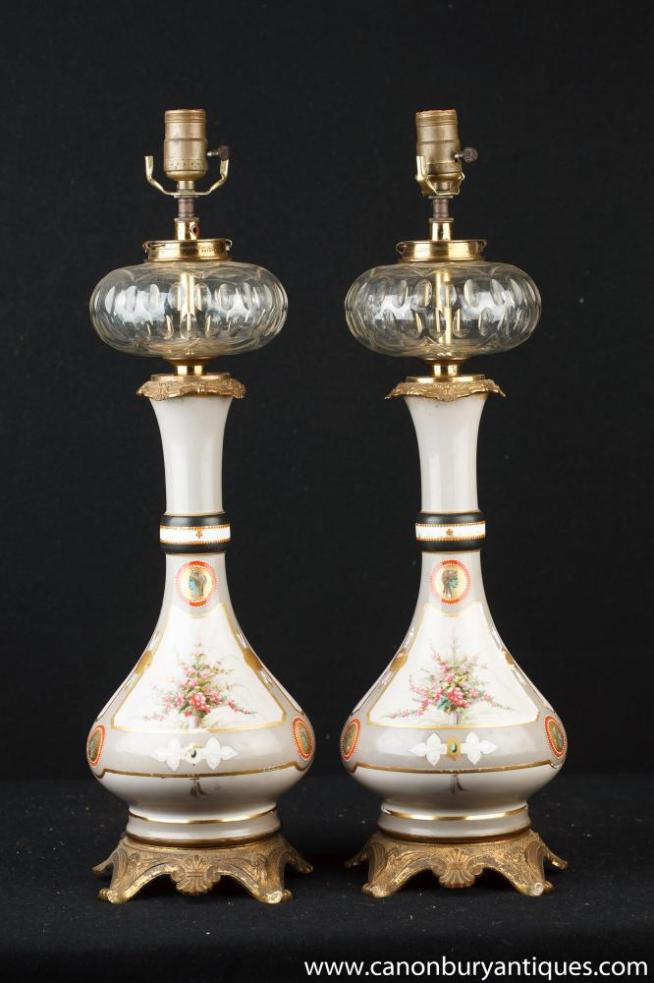 Pair French Art Nouveau Porcelain Crystal Glass Table Lamps Lights
