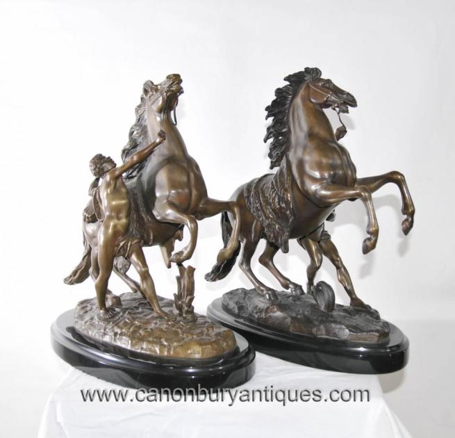 Pair French Bronze Marly Horse Male Figurine Statue by Coustou Guillaume
