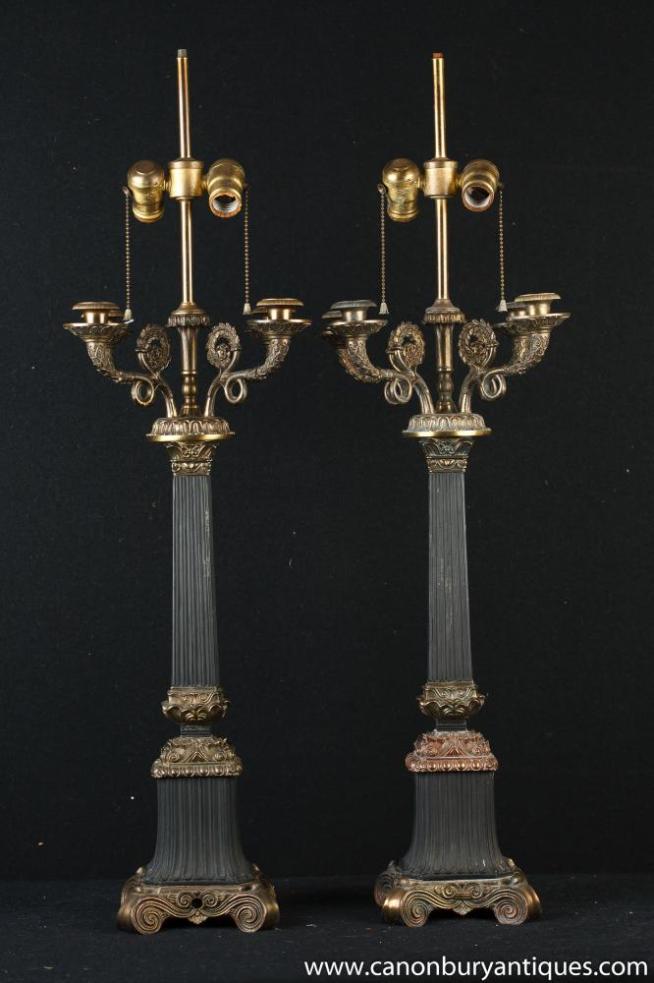 Pair French Empire Column Lamps Candelabras Ormolu Candles Table Light