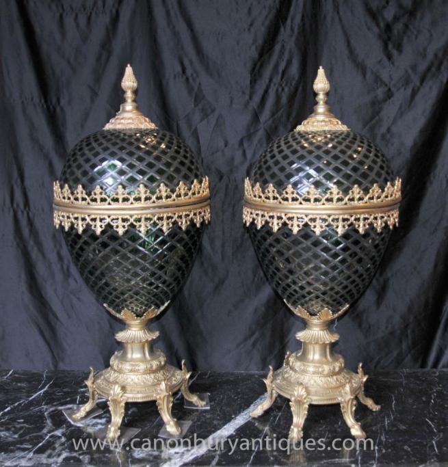 Pair French Empire Green Cut Glass Egg Vases Lidded Urns