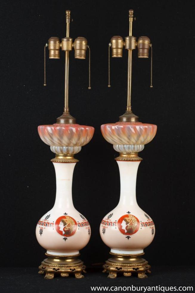 Pair French Empire Oplaline Porcelain Table Lamps Lights Urns