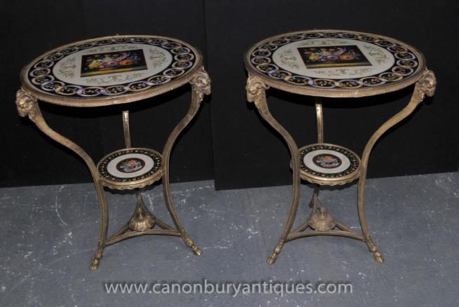 Pair French Empire Ormolu Porcelain Side Tables Rams Heads Floral