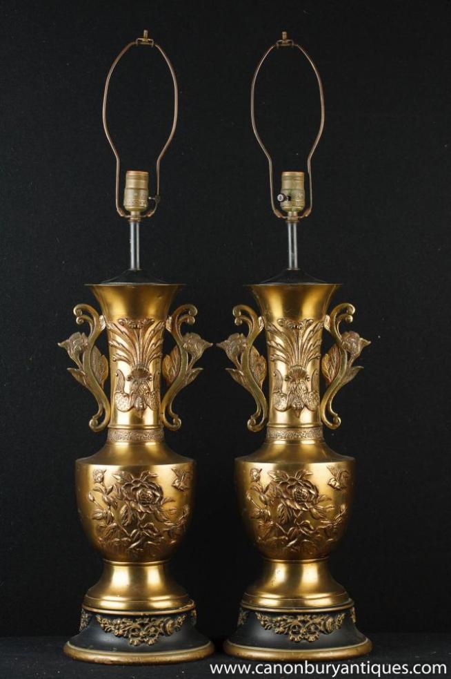 Pair French Ormolu Art Nouveau Table Lamps Lights Urns